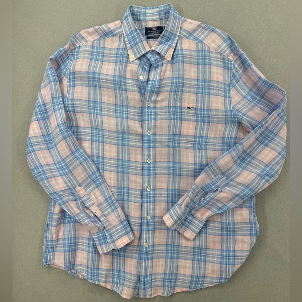 Vineyard Vines 100% Linen Tucker Shirt Mens XL Classic Pastel Plaid Long Sleeve